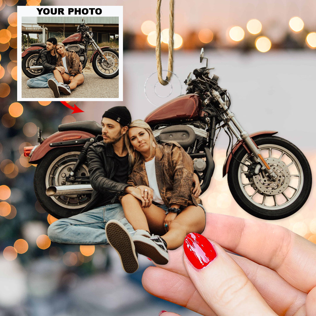 Couple Motorbike - Personalized Custom Photo Mica Ornament - Christmas Gift For Couple, Family Members, Husband, Wife
