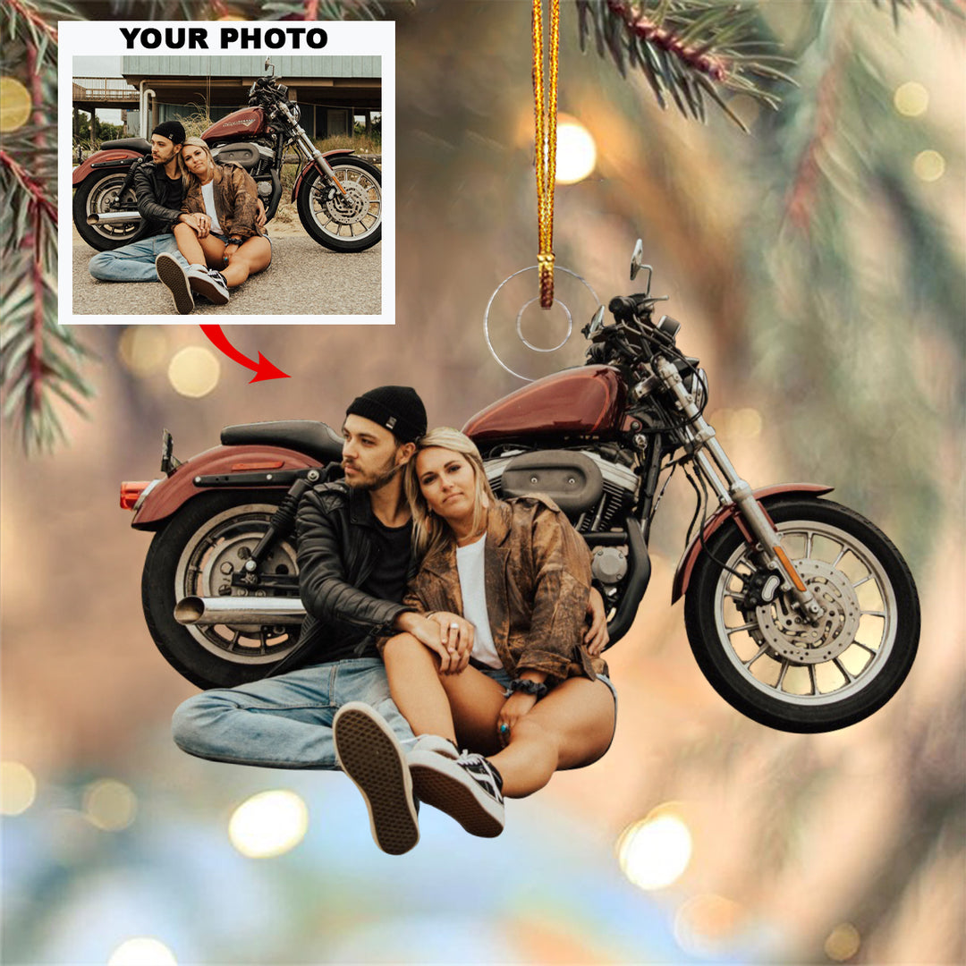 Couple Motorbike - Personalized Custom Photo Mica Ornament - Christmas Gift For Couple, Family Members, Husband, Wife