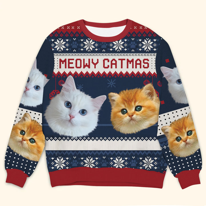 Custom Face Christmas Family Meowy Catmas - Personalized Custom Ugly Sweater - Christmas Gift For Cat Lovers