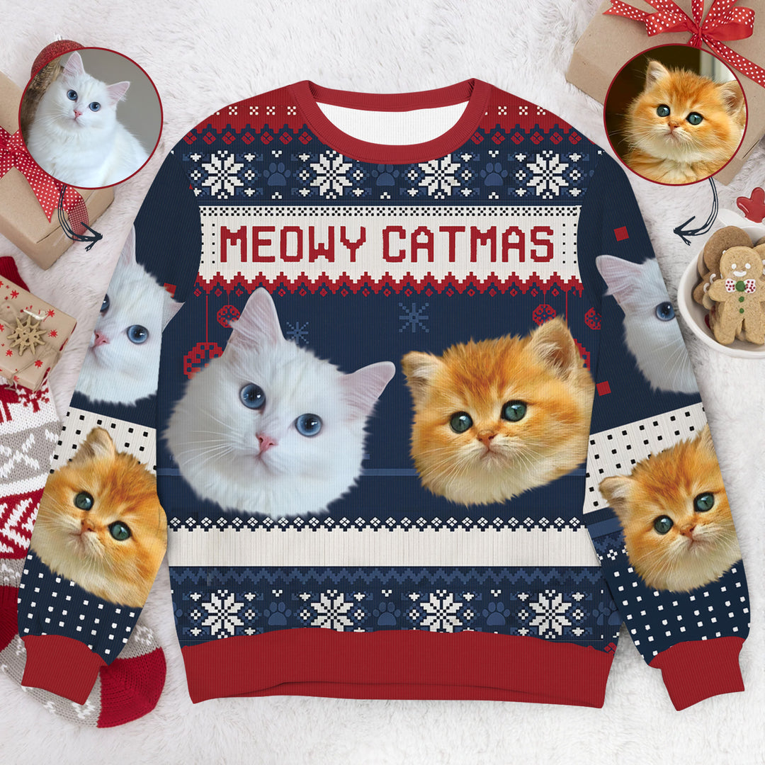 Custom Face Christmas Family Meowy Catmas - Personalized Custom Ugly Sweater - Christmas Gift For Cat Lovers