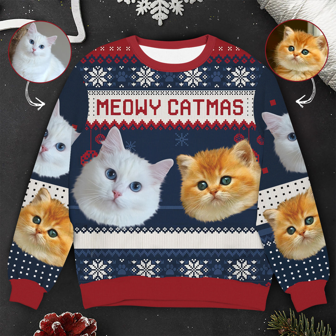 Custom Face Christmas Family Meowy Catmas - Personalized Custom Ugly Sweater - Christmas Gift For Cat Lovers