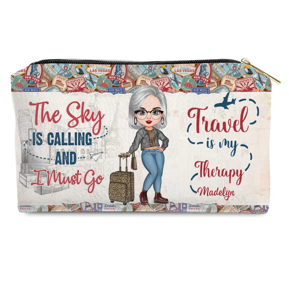 Travel Is My Therapy - Personalized Custom Leather Makeup Bag - Gift For Traveling Lover