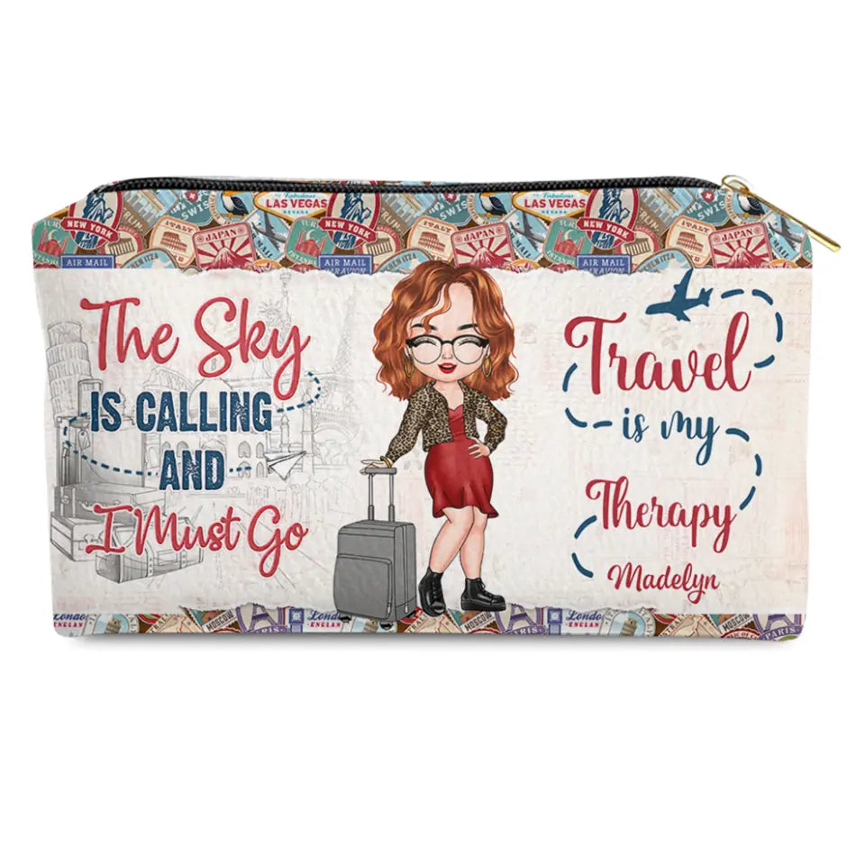 Travel Is My Therapy - Personalized Custom Leather Makeup Bag - Gift For Traveling Lover