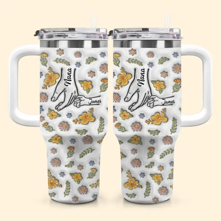 Floral Mom Hand- Personalized Custom Tumbler With Handle - Mother's Day Gift For Mom, Family Members