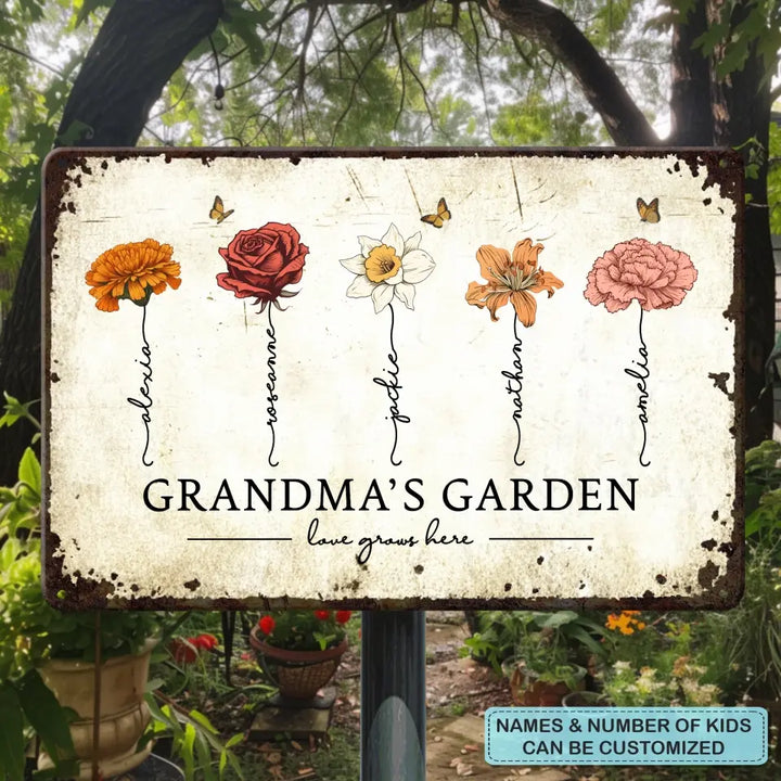 Grandma's Garden Love Grows Here - Personalized Custom Metal Sign - Gift For Grandma