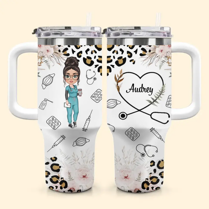 Nurse Life Leopard Pattern - Personalized Custom Tumbler With Handle - Nurse's Day, Appreciation Gift For Nurse