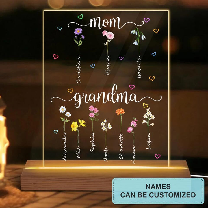 Personalized 3D LED Light Wooden Base - Gift For Mom - Mom Grandma Flower ARND0014