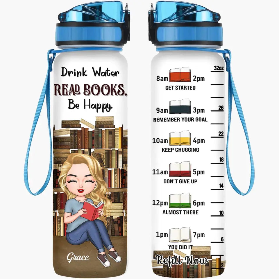 Personalized Custom Water Tracker Bottle - Birthday Gift For Reading Lover - Drink Water Read Books Be Happy
