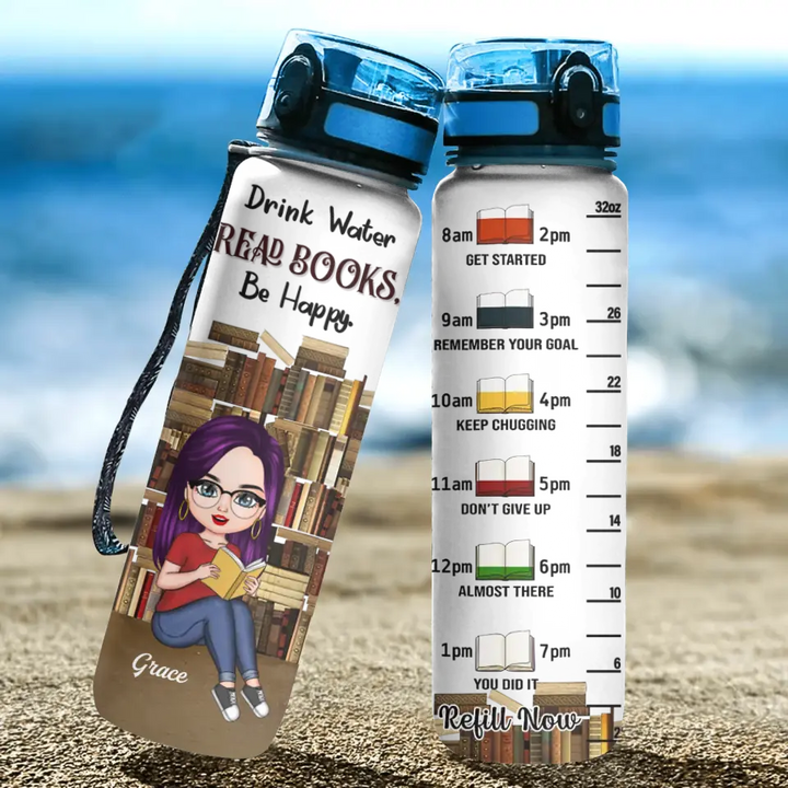 Personalized Custom Water Tracker Bottle - Birthday Gift For Reading Lover - Drink Water Read Books Be Happy