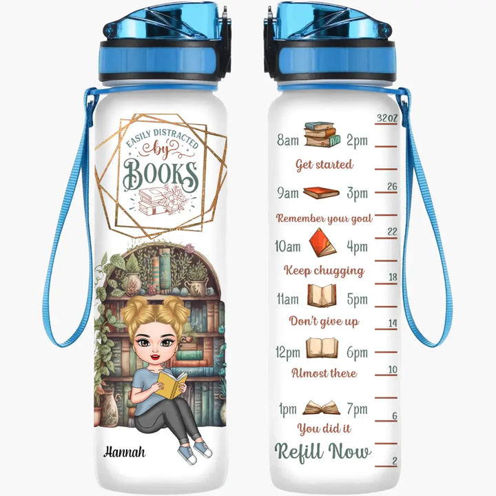 Personalized Custom Water Tracker Bottle - Birthday Gift For Reading Lover - Easily Distracted By Books