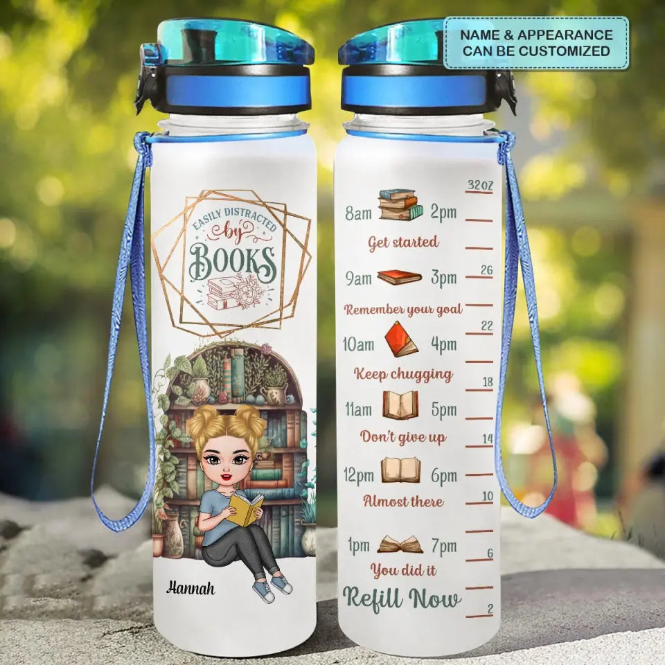 Personalized Custom Water Tracker Bottle - Birthday Gift For Reading Lover - Easily Distracted By Books