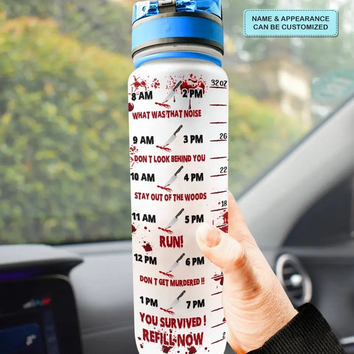 Fueled By True Crime And Effing Water - Personalized Custom Water Tracker Bottle - Halloween Gift For Friends, Besties