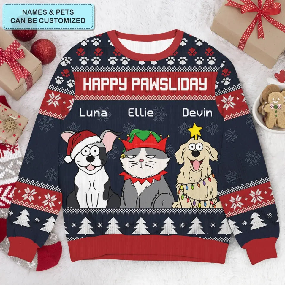 Happy Pawliday - Personalized Custom Ugly Sweater - Christmas Gift For Cat Lovers, Cat Owners, Cat Mom, Cat Dad, Dog Lovers, Dog Owners, Dog Mom, Dog Dad