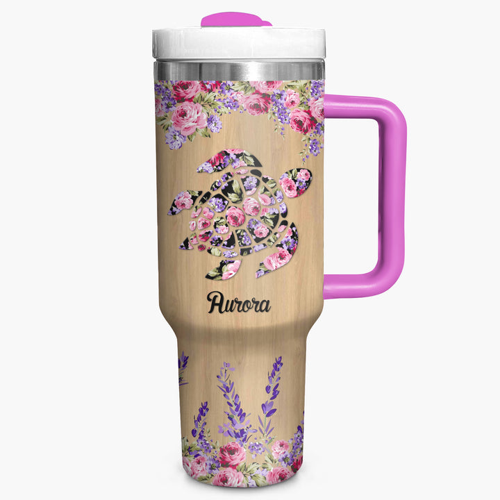 Floral Sea Turtle - Personalized Tumbler with Handle - Gift For Turtle Lovers - NCU0DV034