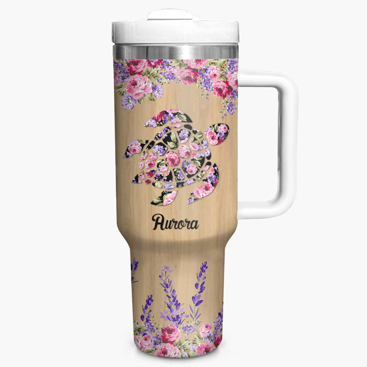 Floral Sea Turtle - Personalized Tumbler with Handle - Gift For Turtle Lovers - NCU0DV034