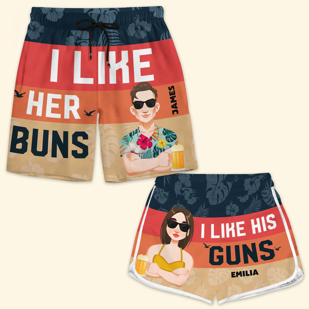 I Like Her Buns - Personalized Custom Couple Beach Shorts - Gift For Couple