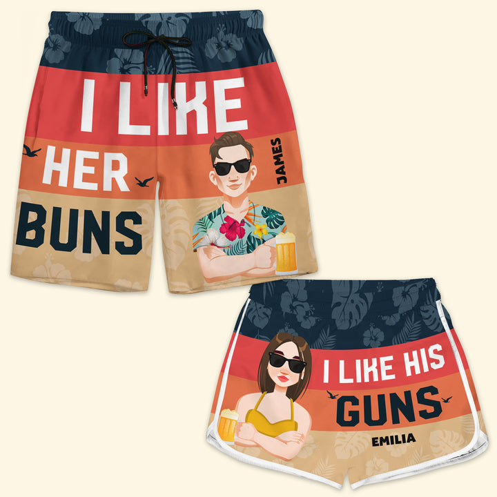 I Like Her Buns - Personalized Custom Couple Beach Shorts - Gift For Couple