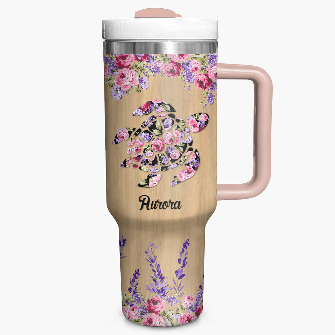 Floral Sea Turtle - Personalized Tumbler with Handle - Gift For Turtle Lovers - NCU0DV034