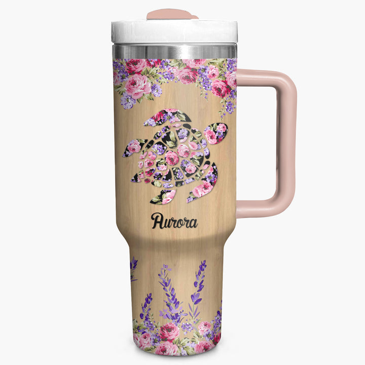 Floral Sea Turtle - Personalized Tumbler with Handle - Gift For Turtle Lovers - NCU0DV034