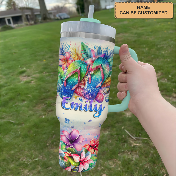 Tropical Flip Flops - Personalized Tumbler With Handle NCU0PT27