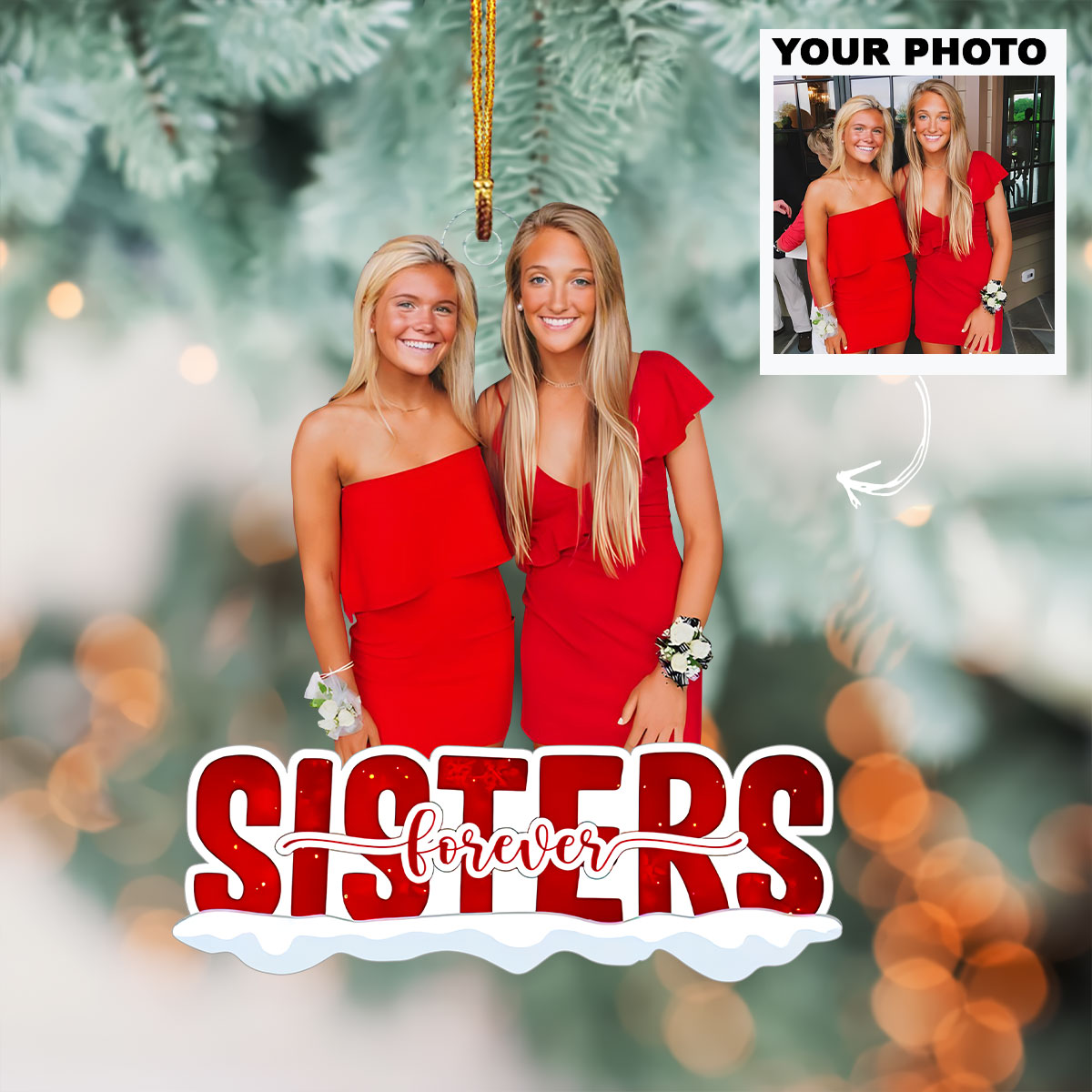 Sisters Forever Red Version - Personalized Custom Photo Mica Ornament - Christmas Gift For Family Members, Besties, Friends UPL0DM018