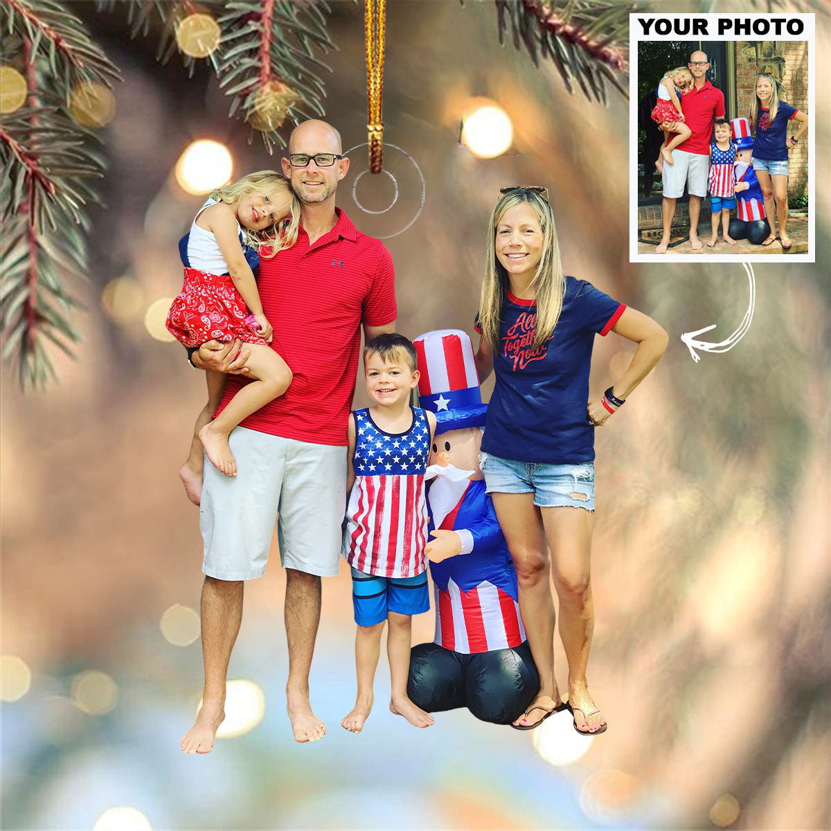 4th Of July Happy Family - Personalized Custom Photo Mica Ornament - Independence Day, Christmas Gift For Family Members, Grandma, Grandpa, Mom, Dad