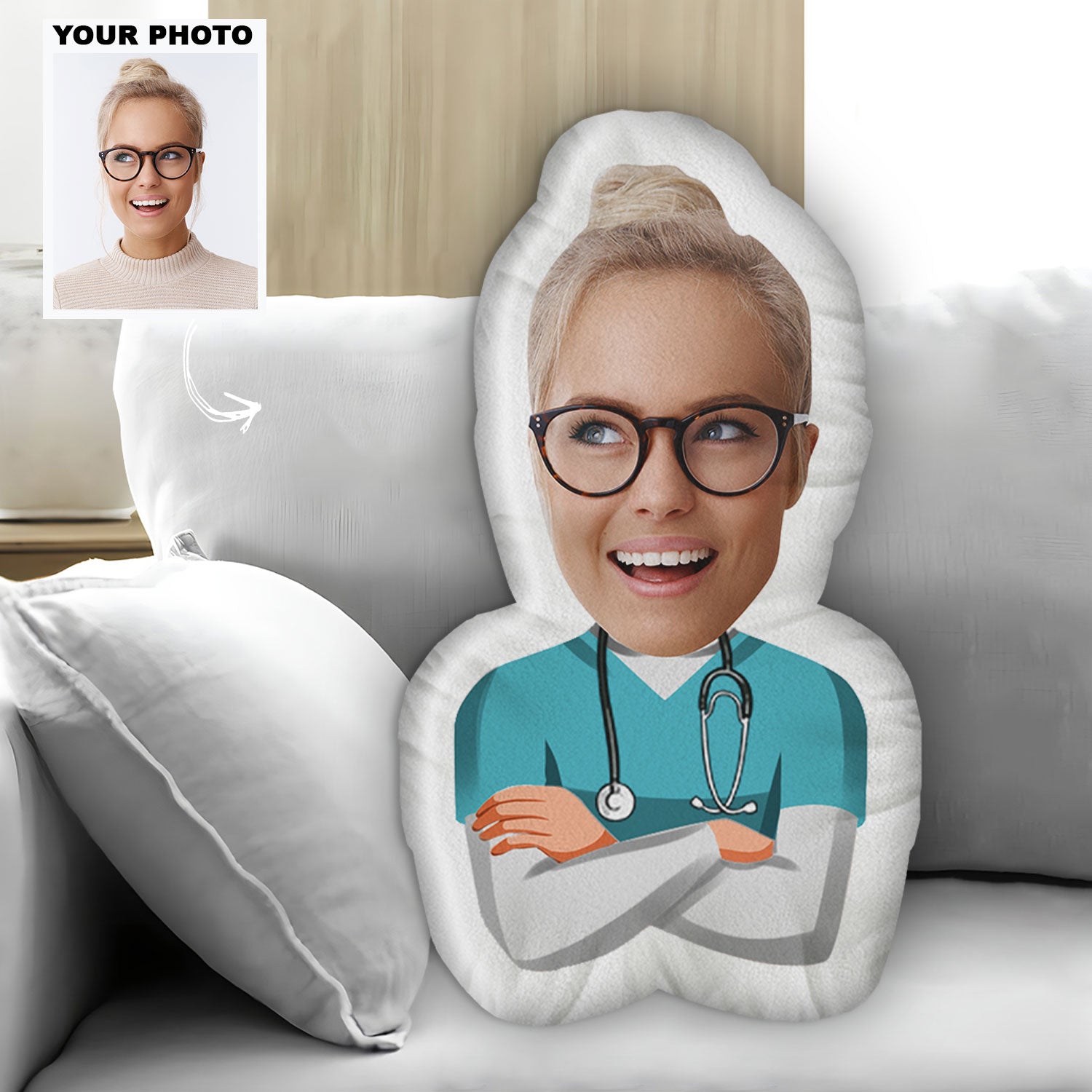 Nurse Custom Photo Face Cutout - Personalized Custom Shape Pillow - Nurse's Day, Appreciation Gift For Nurse