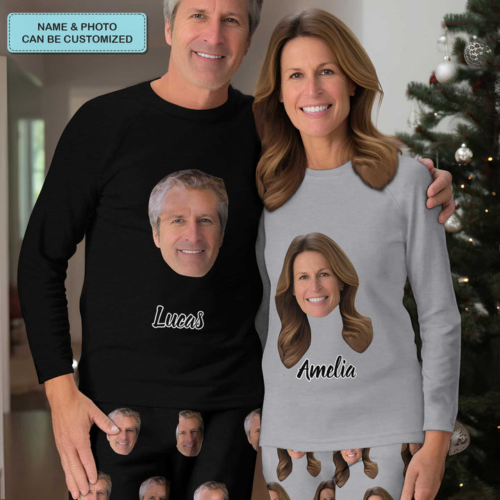 Couple Face Cut Out - Personalized Custom Raglan Pajama Set - Gift For Couples, Wife, Husband, Boyfriend, Girlfriend