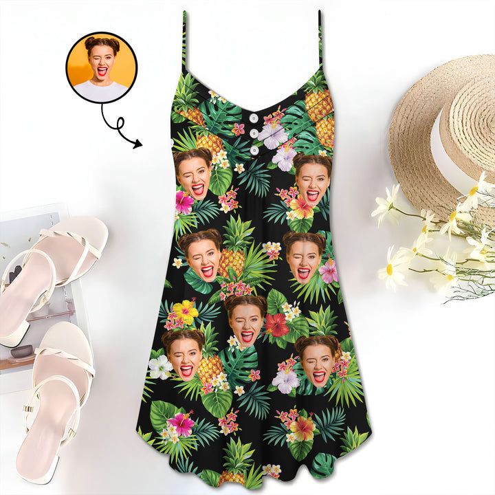Summer Tropical Flower Pattern Face Cut Out - Personalized Custom Summer Dress - Gift For Family Members