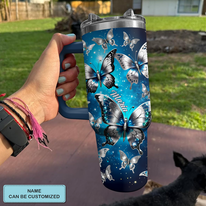 Silver and blue Butterflies - Personalized Tumbler With Handle - NCU0DK013