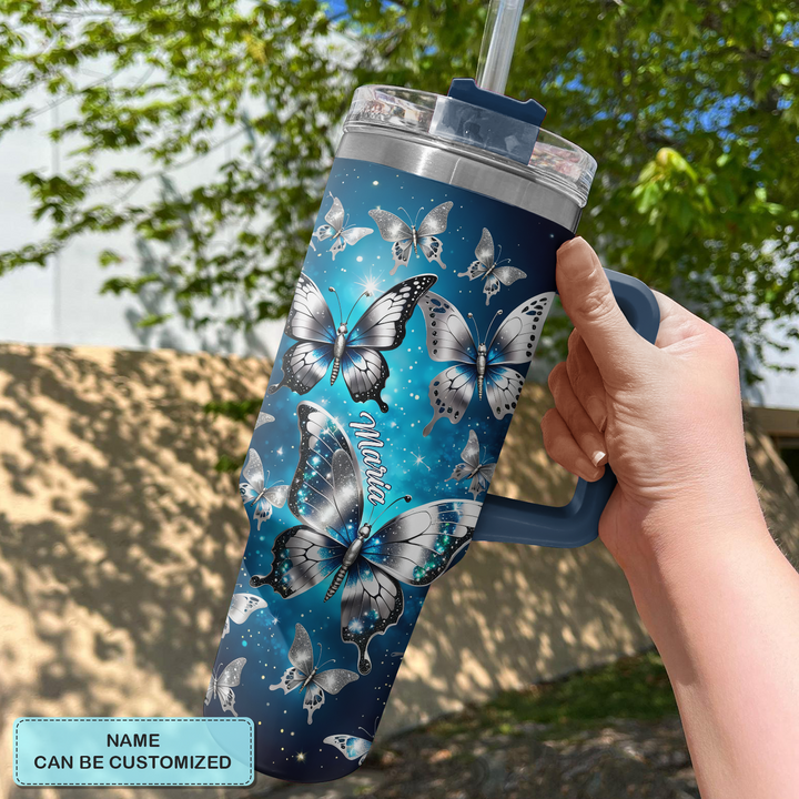 Silver and blue Butterflies - Personalized Tumbler With Handle - NCU0DK013