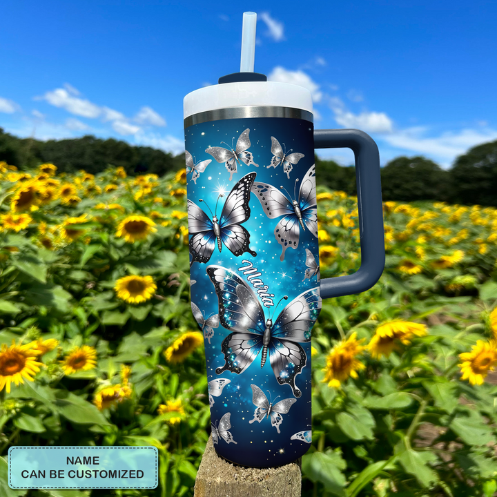 Silver and blue Butterflies - Personalized Tumbler With Handle - NCU0DK013