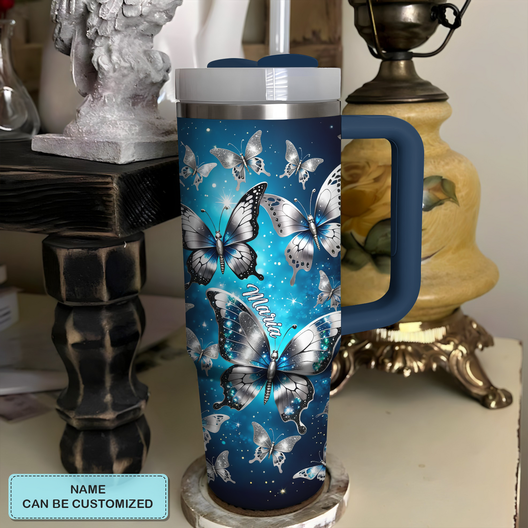 Silver and blue Butterflies - Personalized Tumbler With Handle - NCU0DK013