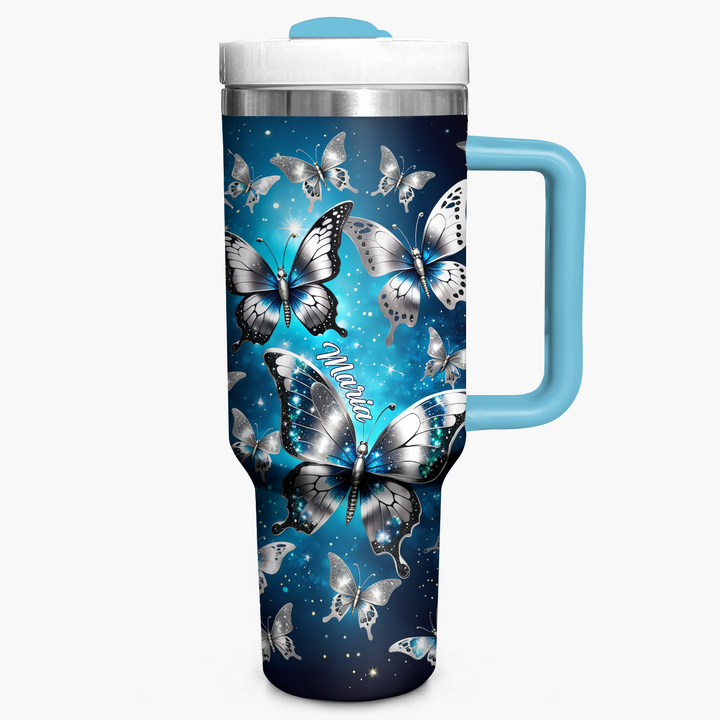 Silver and blue Butterflies - Personalized Tumbler With Handle - NCU0DK013