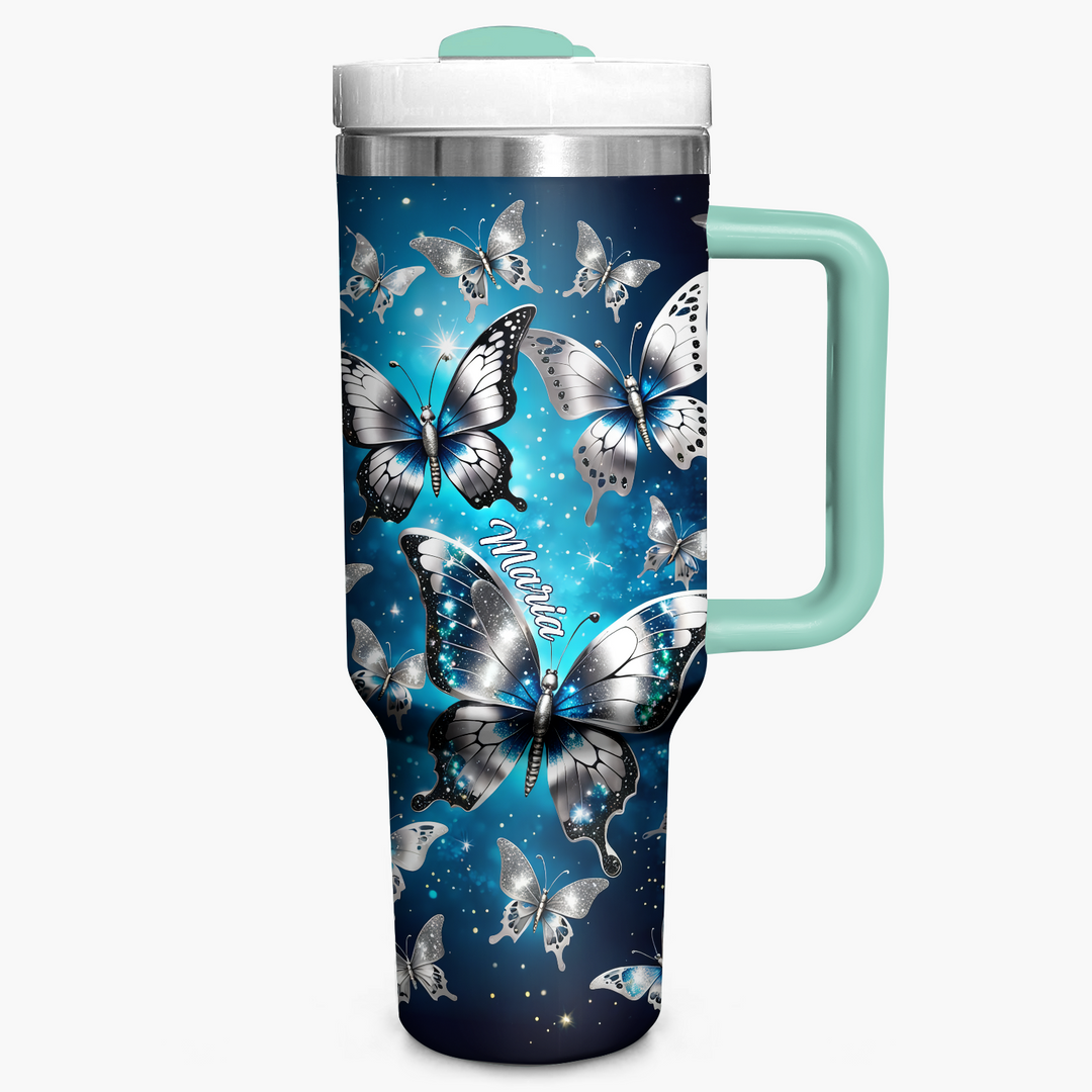 Silver and blue Butterflies - Personalized Tumbler With Handle - NCU0DK013