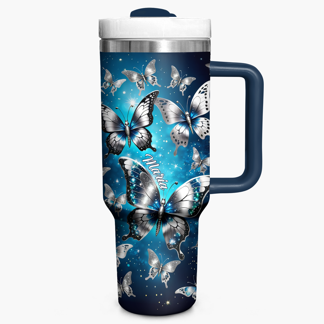 Silver and blue Butterflies - Personalized Tumbler With Handle - NCU0DK013