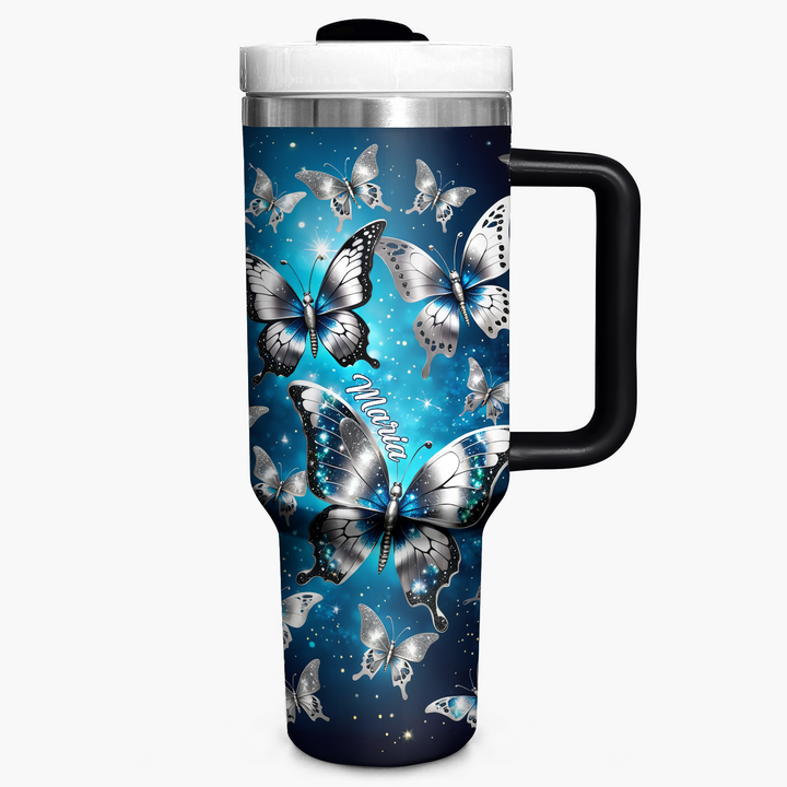 Silver and blue Butterflies - Personalized Tumbler With Handle - NCU0DK013