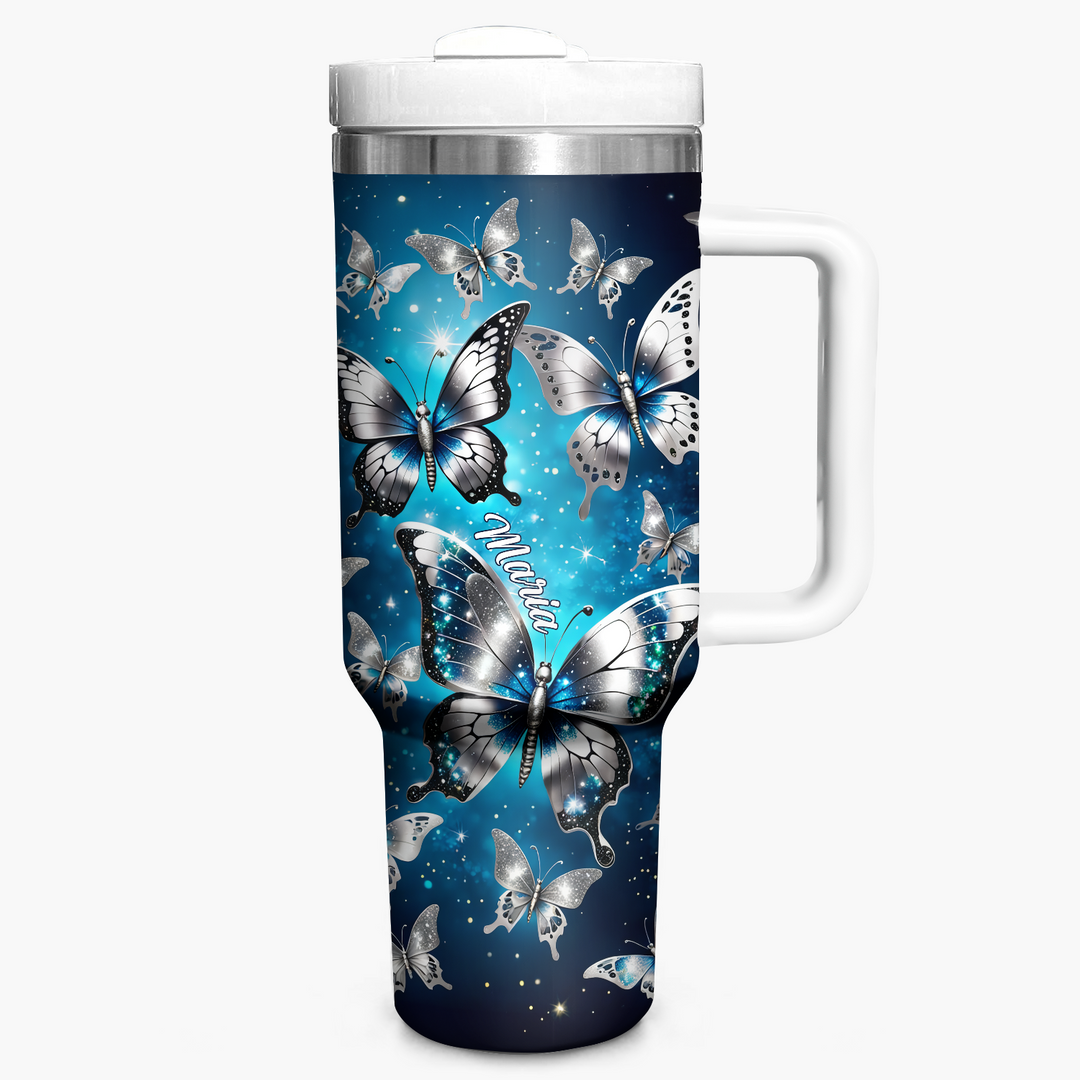 Silver and blue Butterflies - Personalized Tumbler With Handle - NCU0DK013