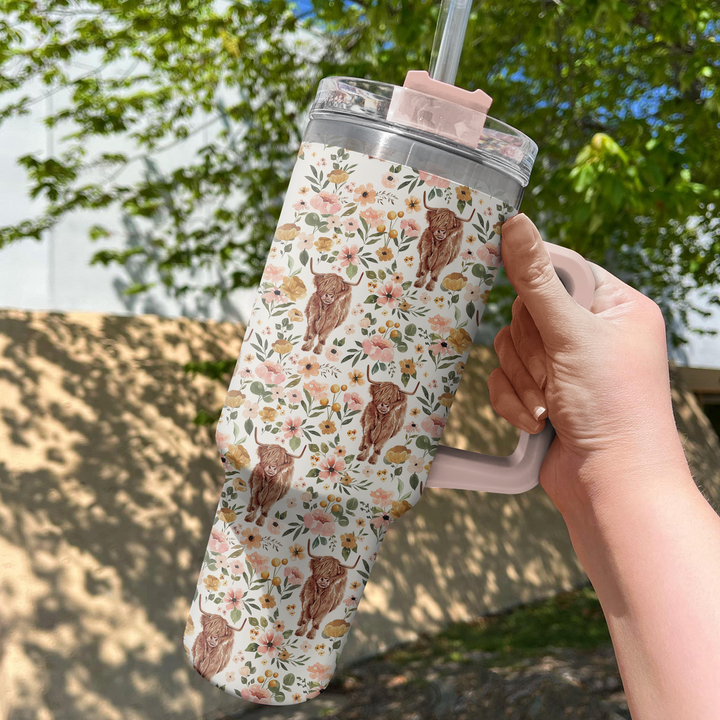 Floral Highland Cow - Tumbler with Handle - NCU0TT010