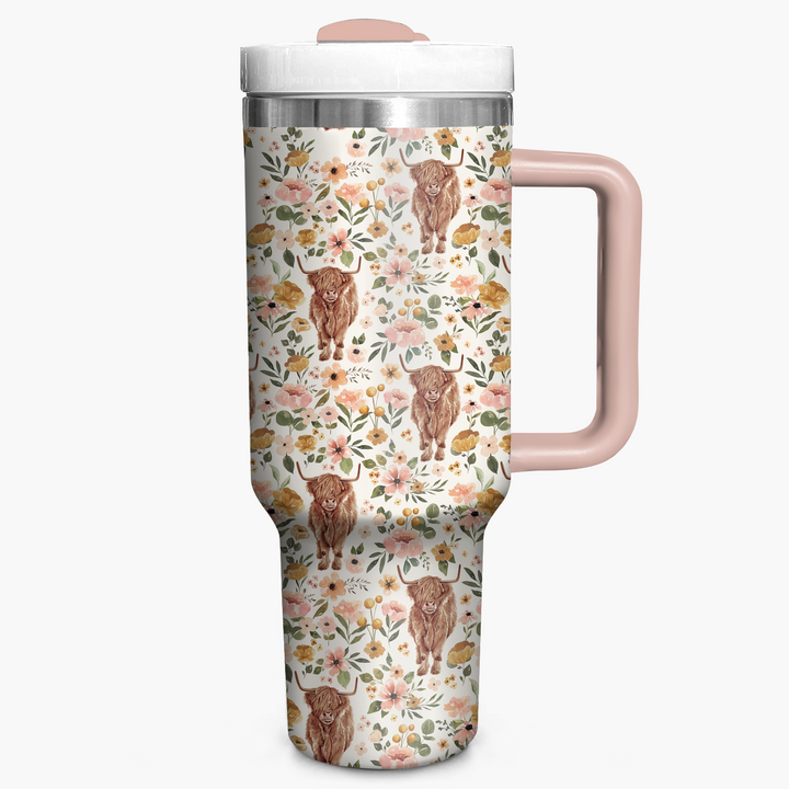 Floral Highland Cow - Tumbler with Handle - NCU0TT010