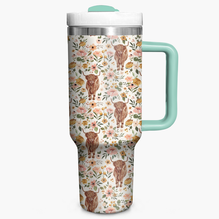 Floral Highland Cow - Tumbler with Handle - NCU0TT010