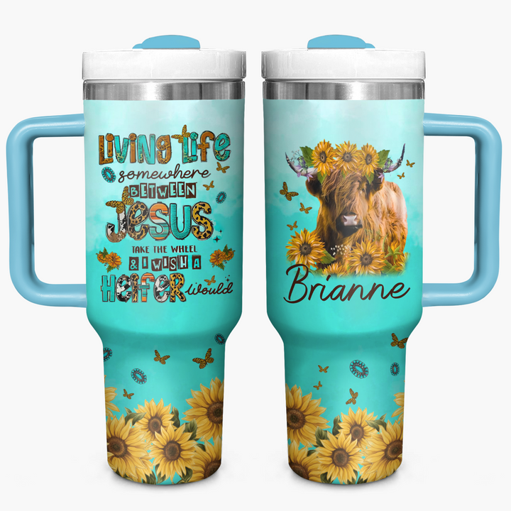 Turquoise Highland Cow - Personalized Tumbler with Handle - Gift for Highland Cow Lover NCU0PT16