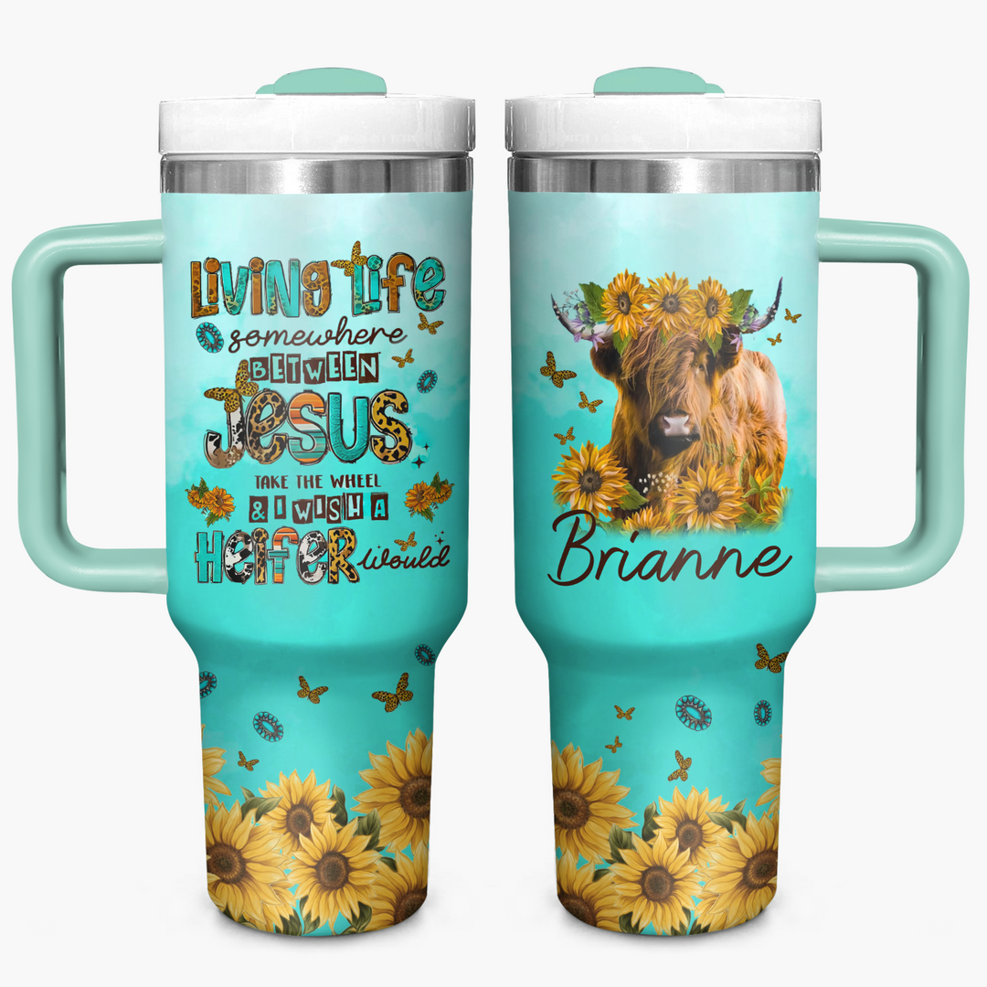 Turquoise Highland Cow - Personalized Tumbler with Handle - Gift for Highland Cow Lover NCU0PT16