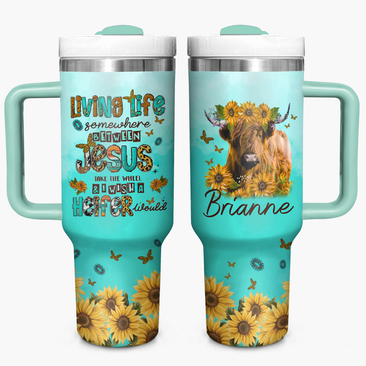 Turquoise Highland Cow - Personalized Tumbler with Handle - Gift for Highland Cow Lover NCU0PT16