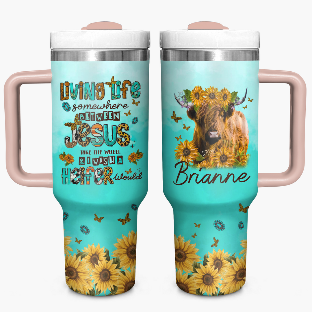 Turquoise Highland Cow - Personalized Tumbler with Handle - Gift for Highland Cow Lover NCU0PT16