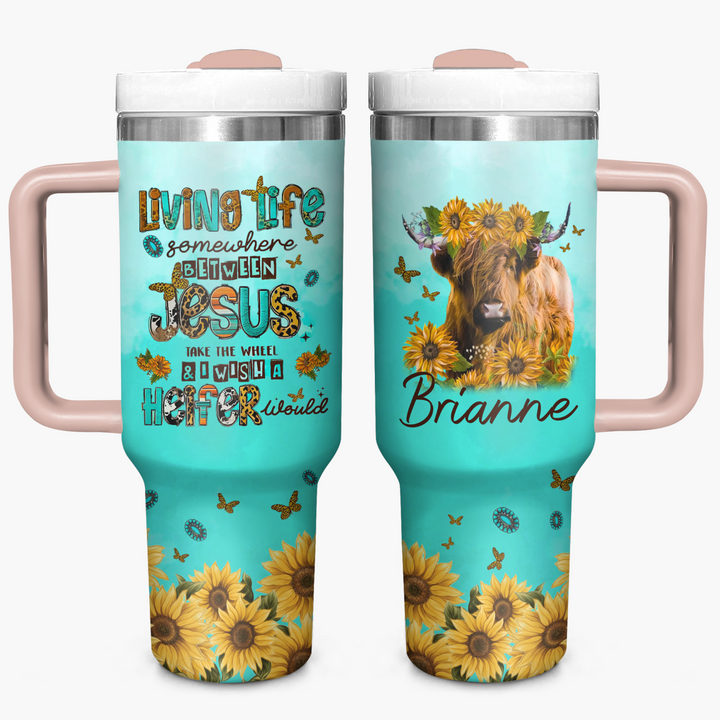 Turquoise Highland Cow - Personalized Tumbler with Handle - Gift for Highland Cow Lover NCU0PT16