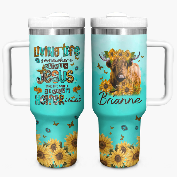 Turquoise Highland Cow - Personalized Tumbler with Handle - Gift for Highland Cow Lover NCU0PT16