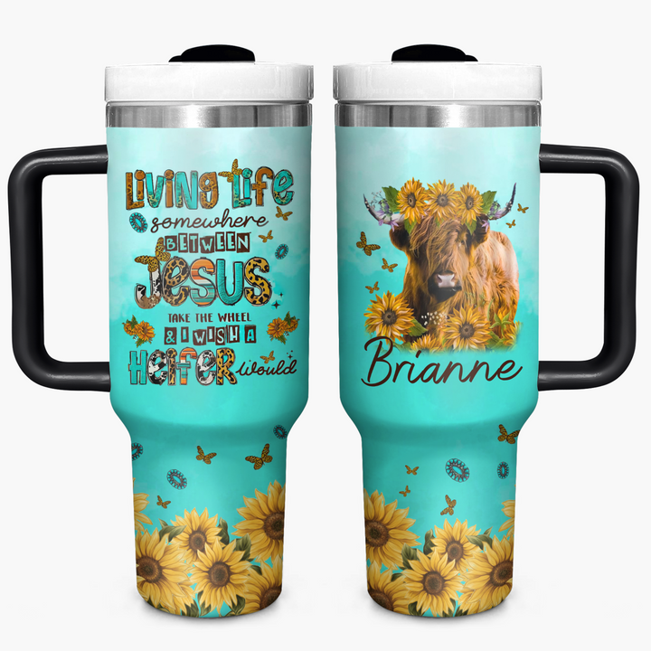 Turquoise Highland Cow - Personalized Tumbler with Handle - Gift for Highland Cow Lover NCU0PT16