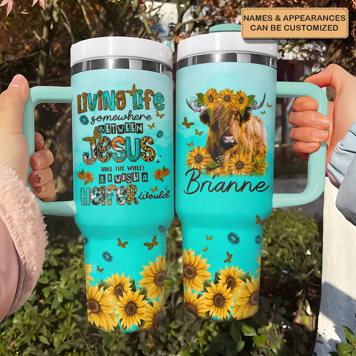 Turquoise Highland Cow - Personalized Tumbler with Handle - Gift for Highland Cow Lover NCU0PT16