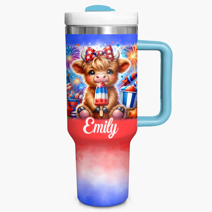 Freedom Frolic - Personalized Tumbler With Handle - Gift for Highland Cow Lover NCU0PT018
